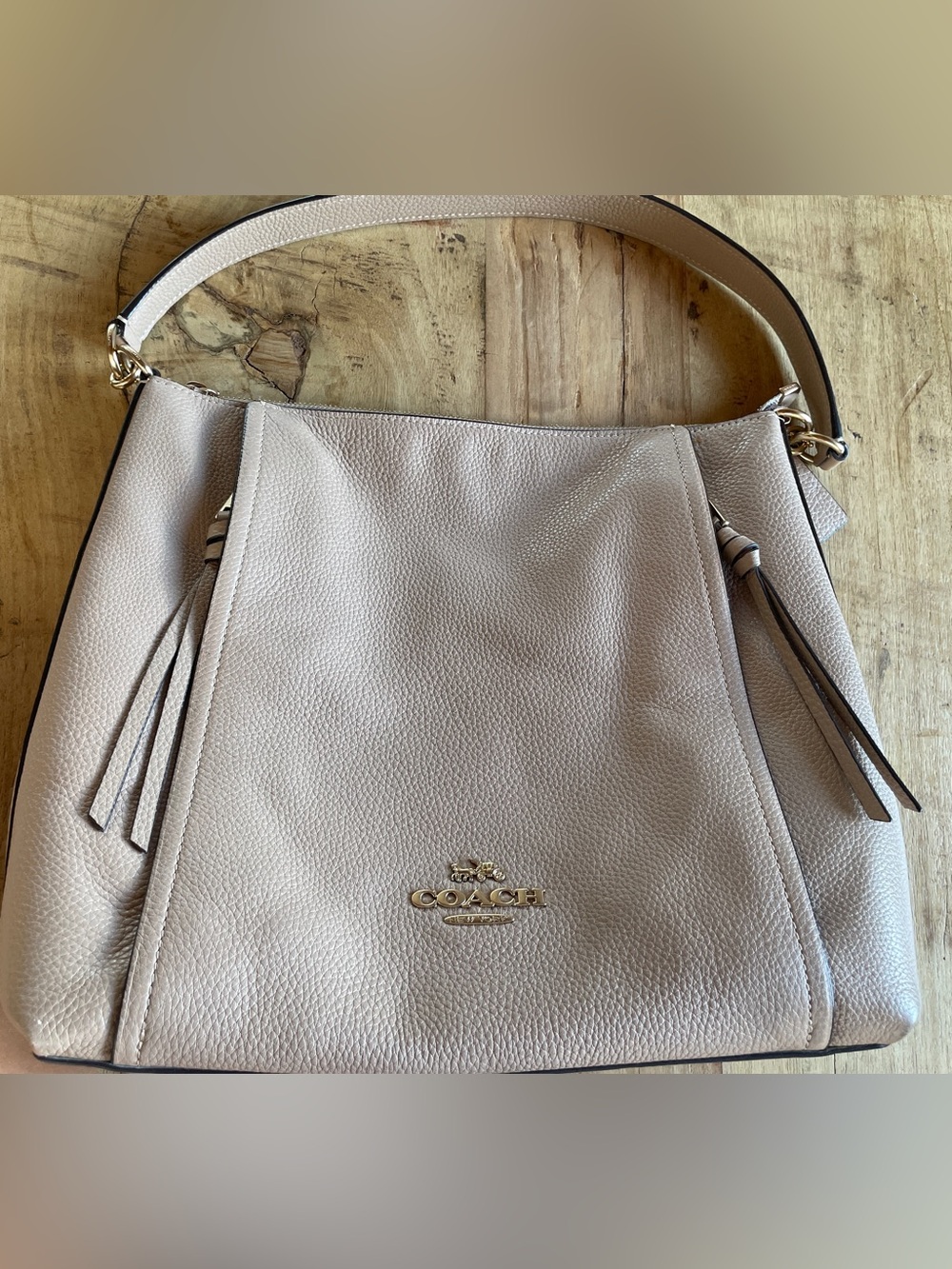 Coach Pebbled Leather Bag with Two Horizontal Zippers with Tassels in Taupe